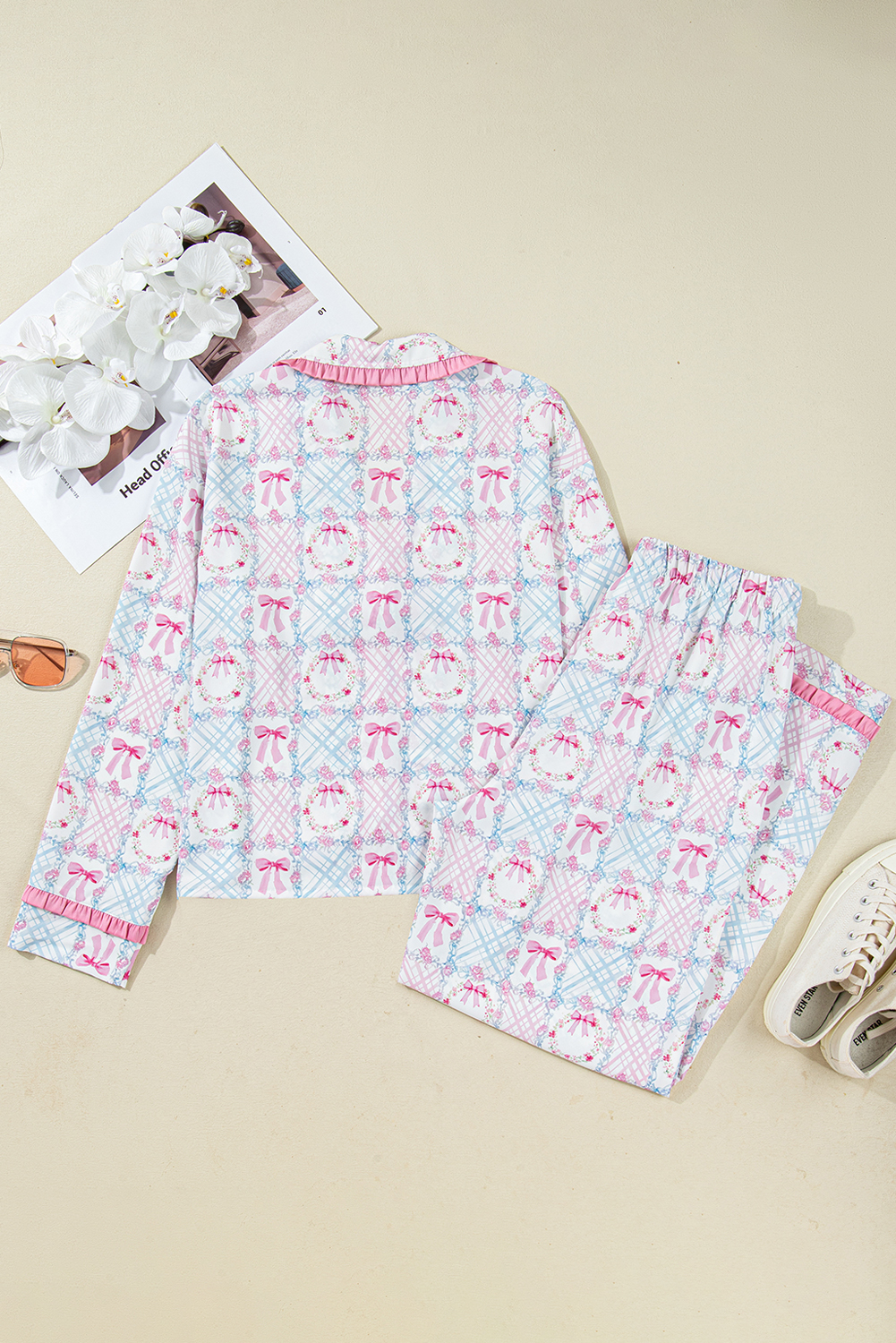 Pink Bow Wreath Pattern Christmas Holiday Tied Front Long Sleeve 2pcs Pajama Set - loveforevers
