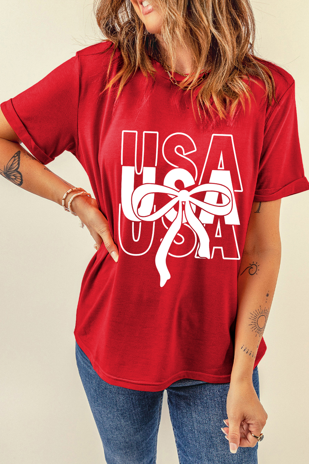 Red USA Bow Printed Casual Cotton Blend T Shirt - loveforevers