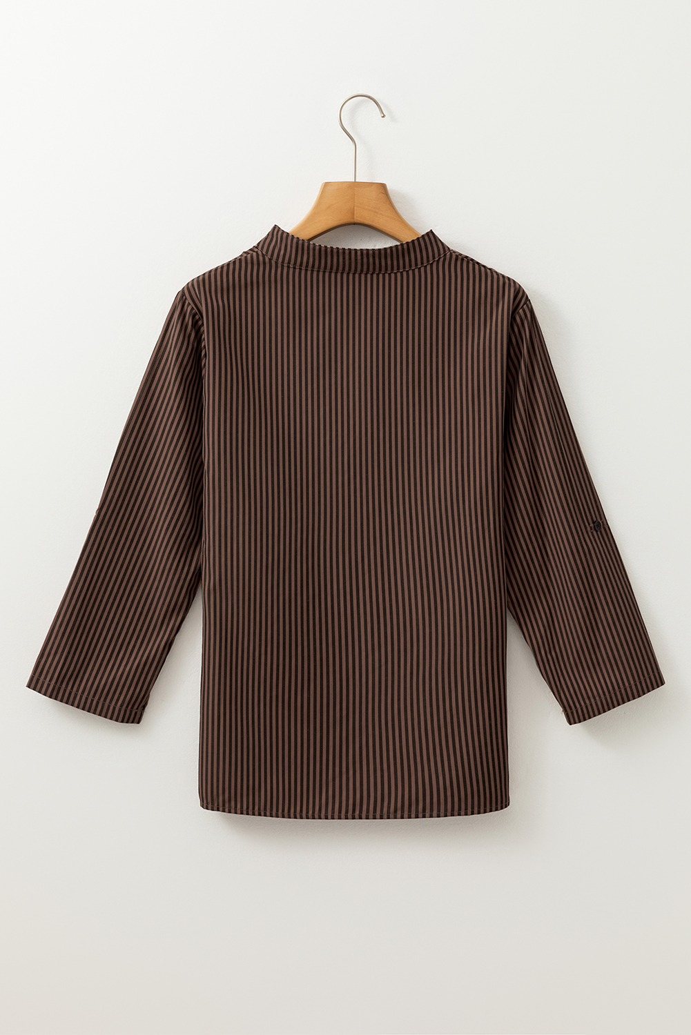 Brown Stripe V Neck Roll Up Sleeve Pocket Patched Classic Shirt - loveforevers