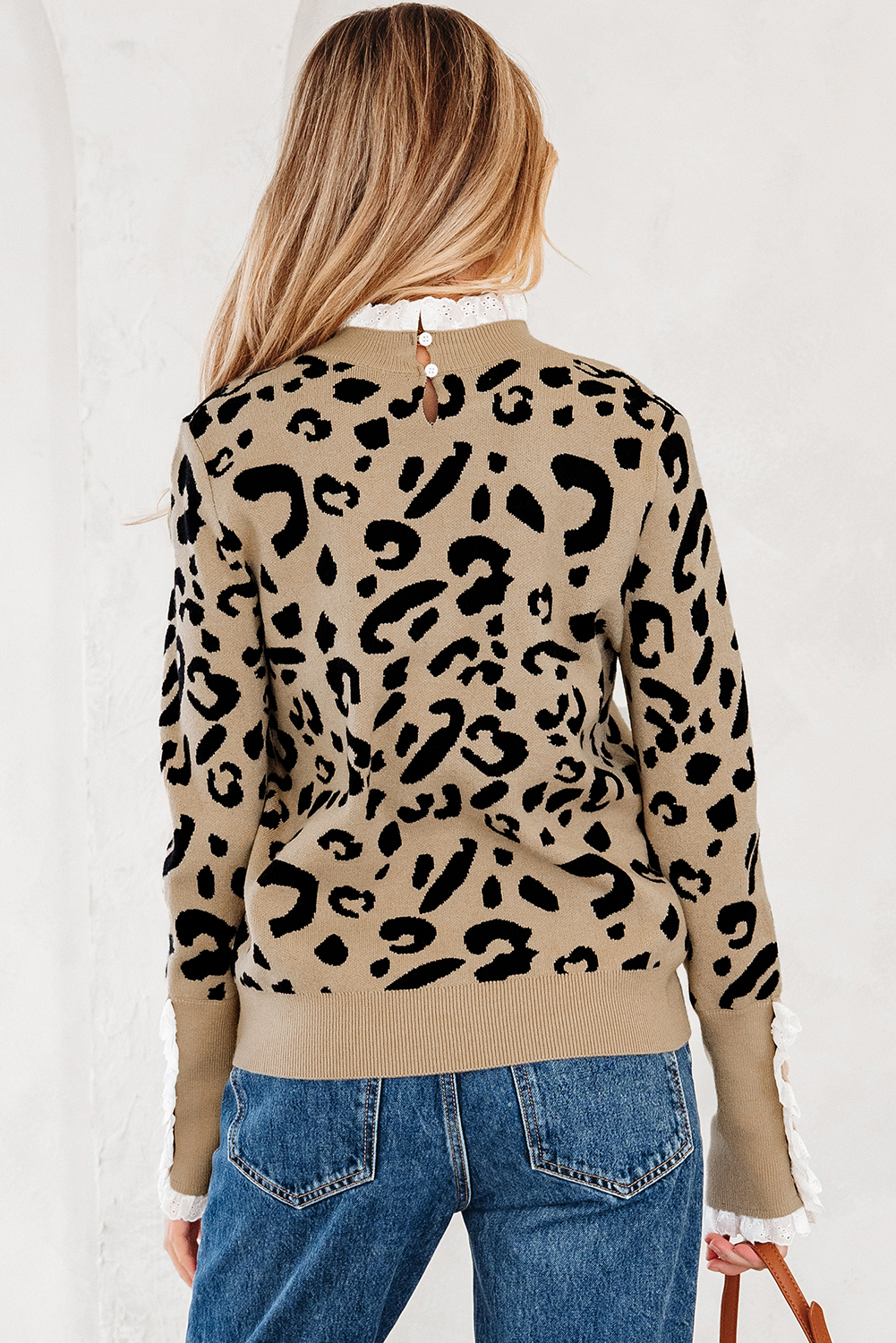Dearlovers Brown Leopard Pattern Lace Ribbed Detail Button Cuffed Sweater - loveforevers