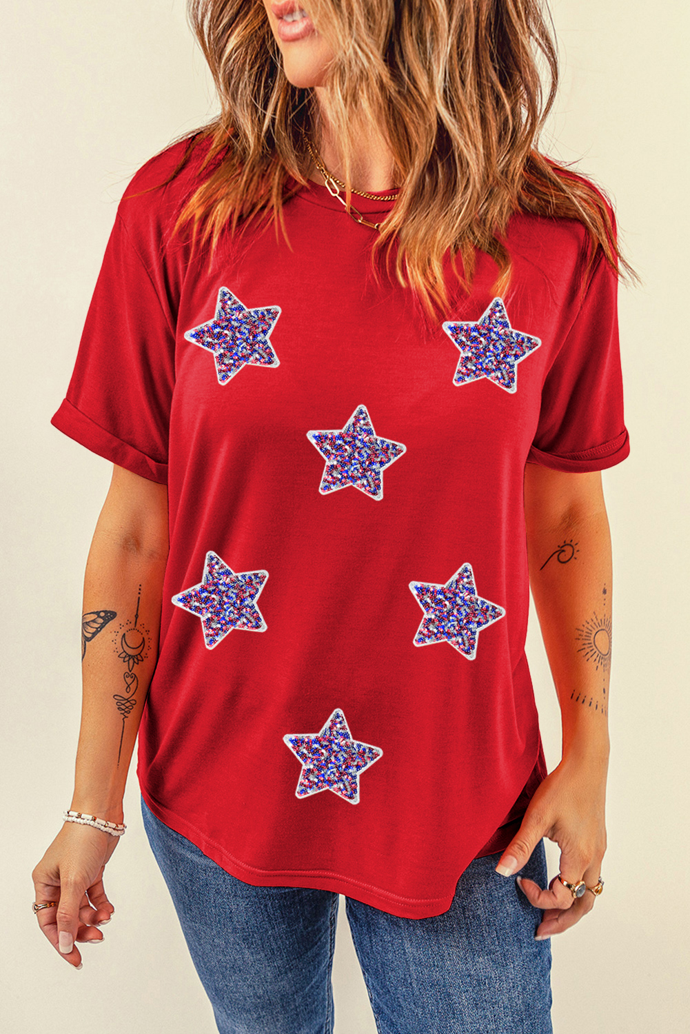 Red July 4th Fashion Sequin Star Graphic T Shirt - loveforevers