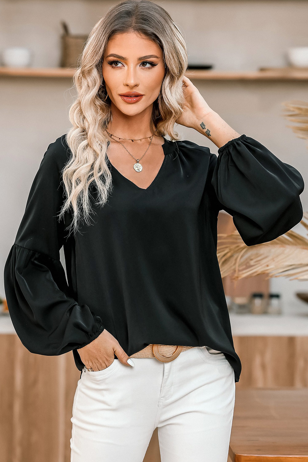 Black V Neck Long Puff Sleeve Top - loveforevers