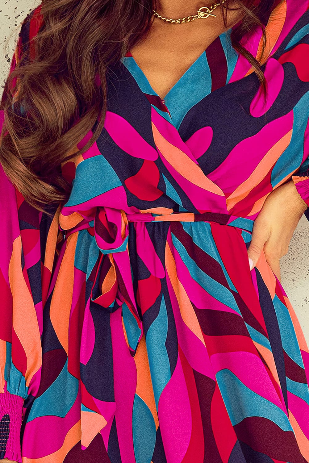 Fiery Red Abstract Printed Belted Puff Sleeve Mini Dress - loveforevers