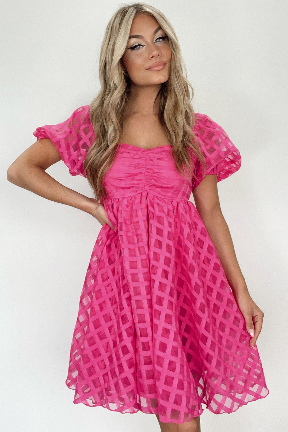 Strawberry Pink Checkered Puff Sleeve Babydoll Dress - loveforevers