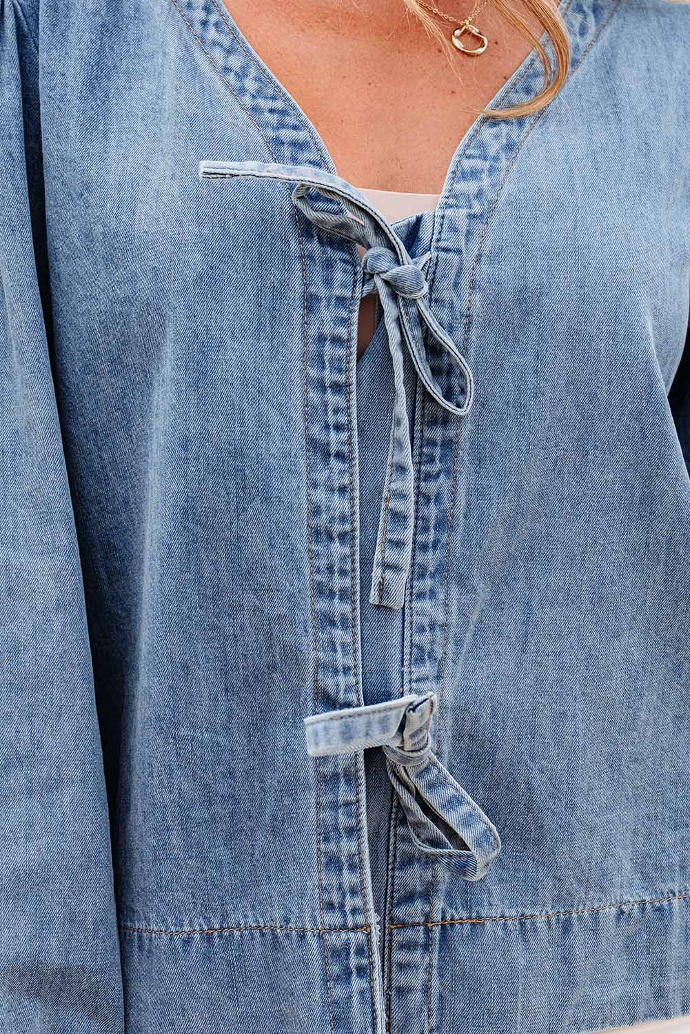 Dusk Blue Tied Front Long Puff Sleeve Denim Top - loveforevers