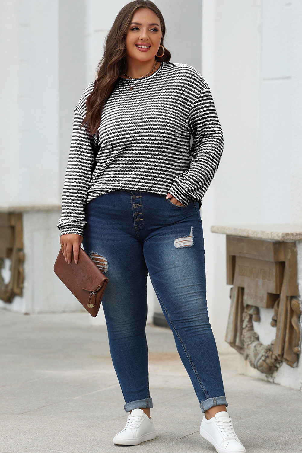 Black Stripe Round Neck Drop Shoulder Long Sleeve Top - loveforevers