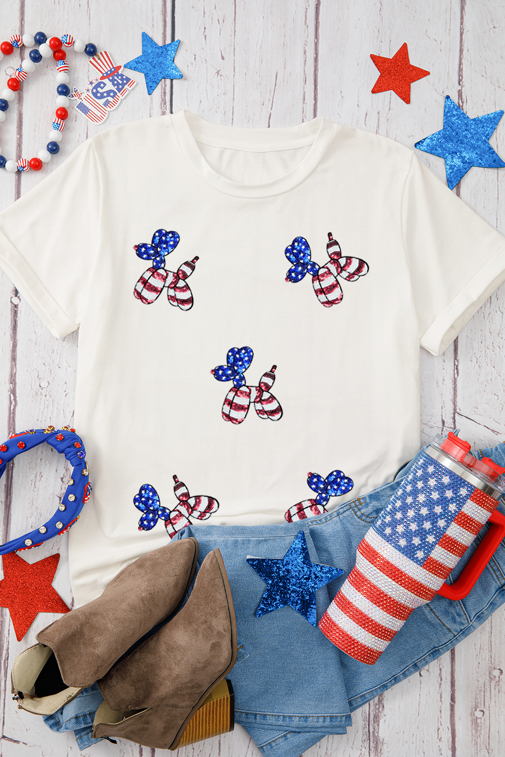 White Sequin Stars and Stripes Balloon Puppy Graphic Crewneck Tee - loveforevers