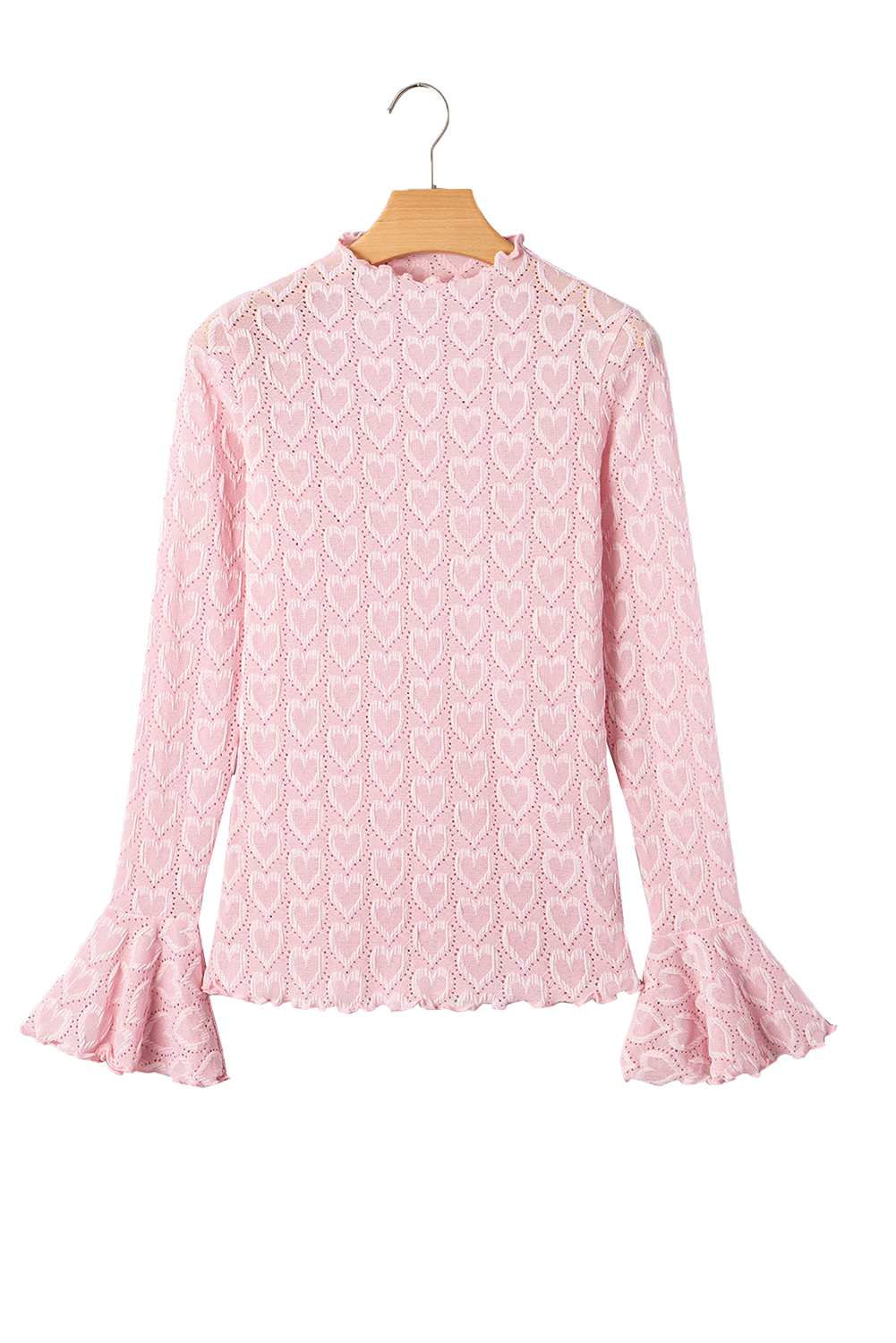 Gossamer Pink Heart Jacquard Flare Sleeve Mock Neck Fitted Top - loveforevers