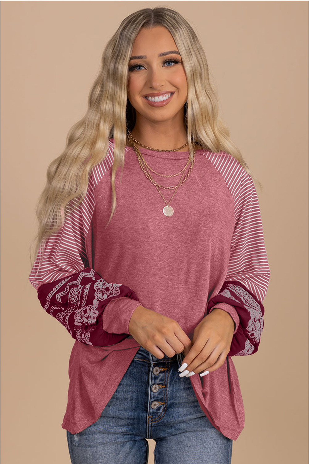 Tillandsia Purple Contrast Print Striped Raglan Long Sleeve Loose Top - loveforevers