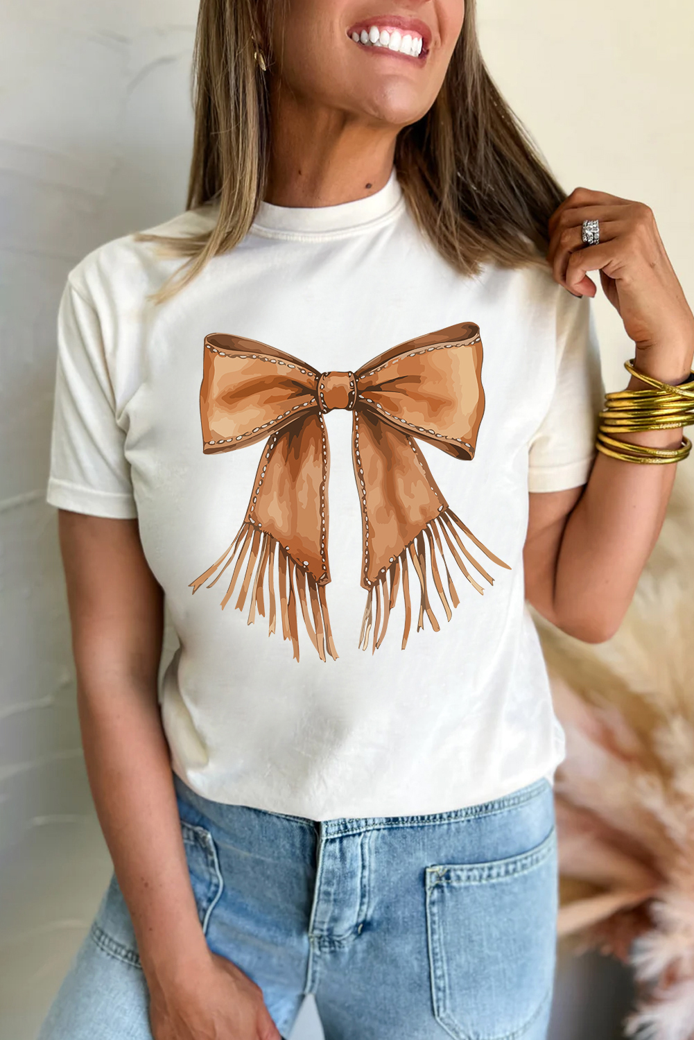 White Tassel Bowknot Print Round Neck Western Fashion T Shirt - loveforevers