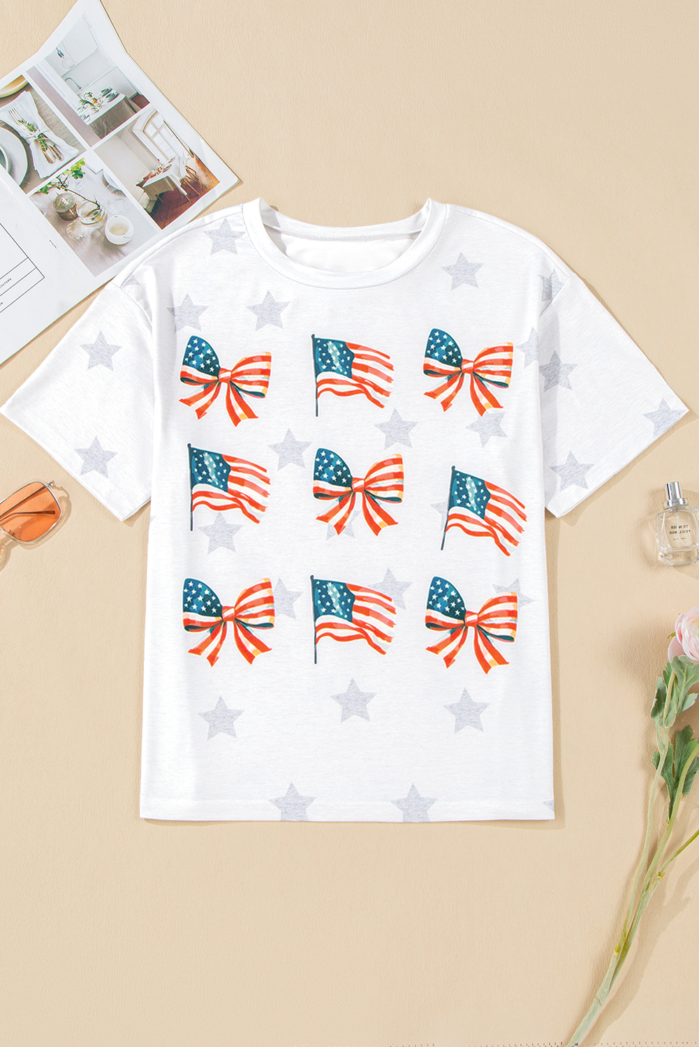 Khaki Patriotic Flag Bow Graphic Starry Round Neck T Shirt - loveforevers