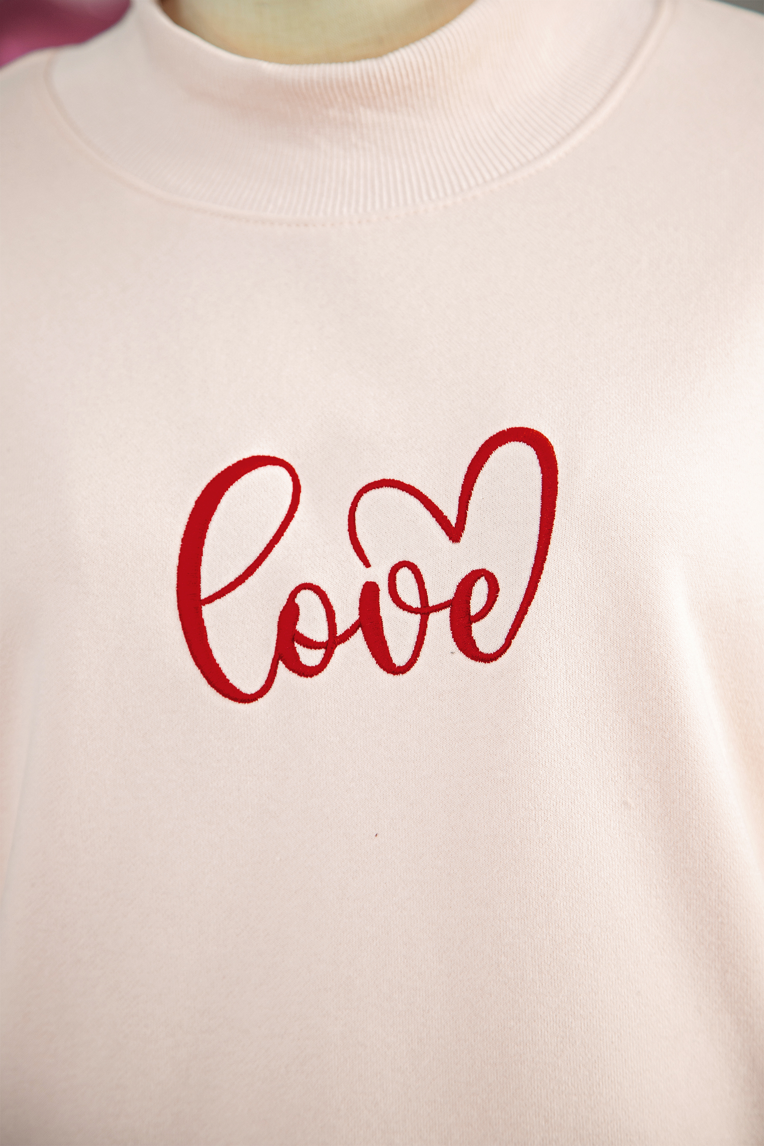 Apricot Pink Mock Neck Love Letter Embroidered Valentines Day Sweatshirt - loveforevers