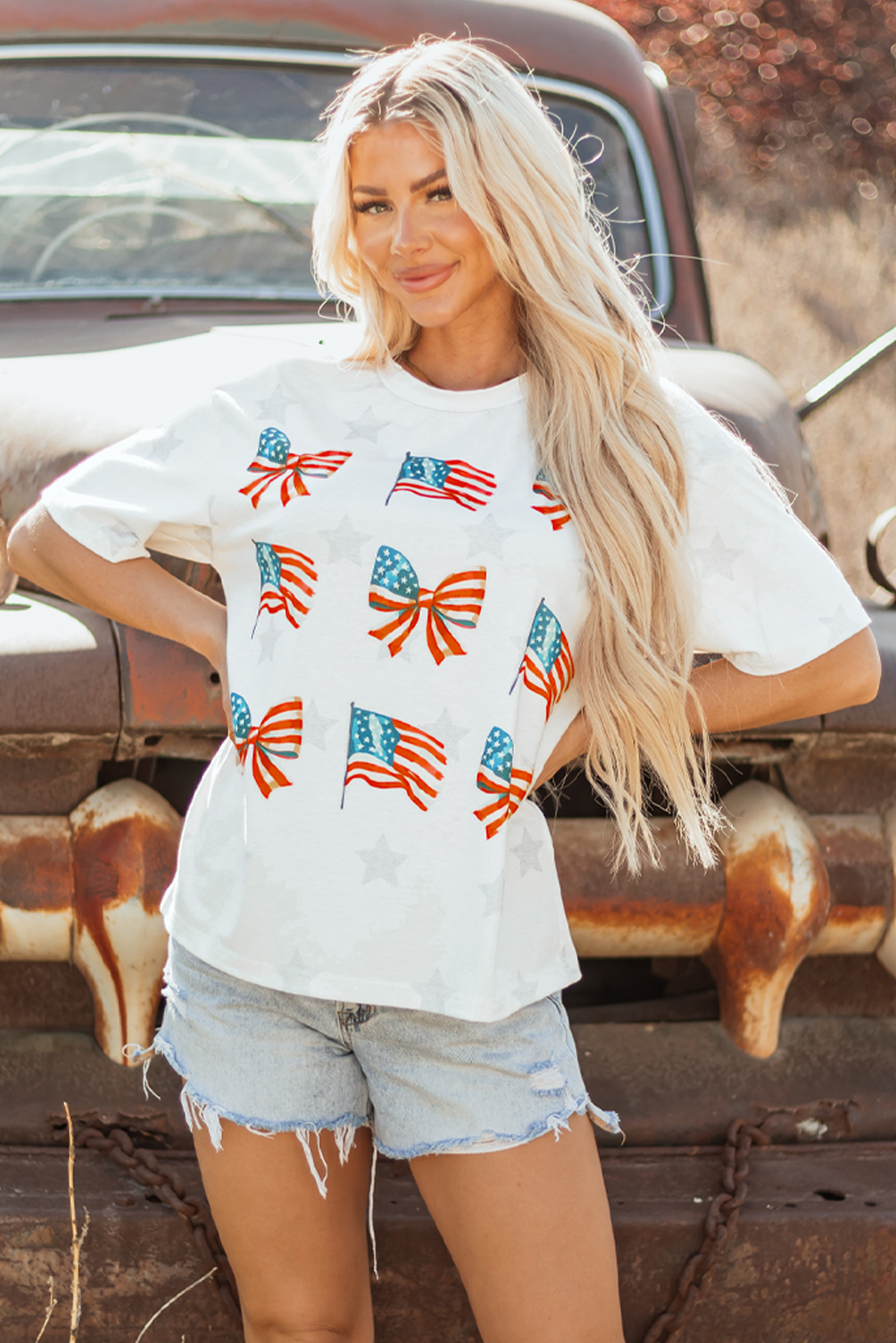Khaki Patriotic Flag Bow Graphic Starry Round Neck T Shirt - loveforevers