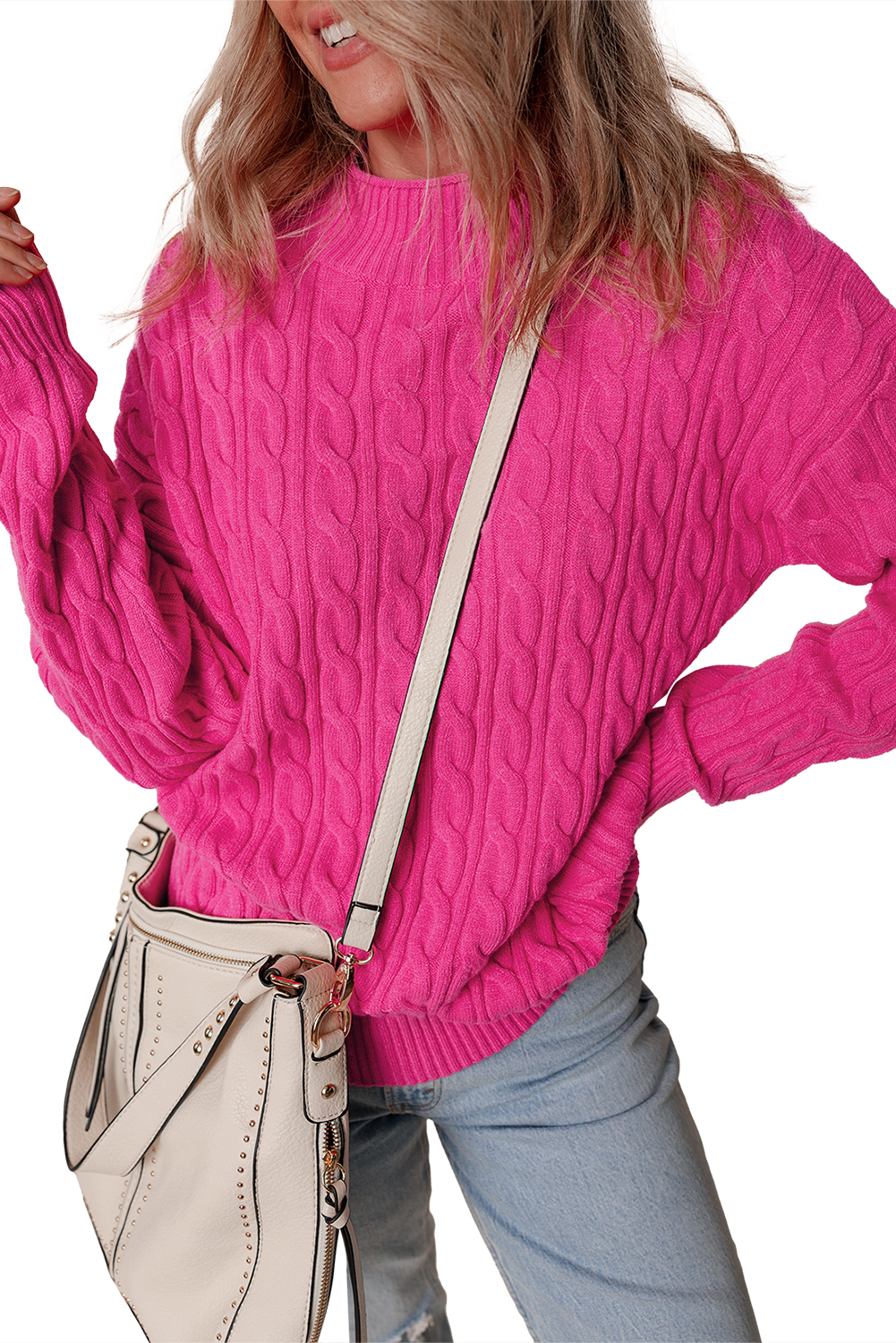 Rose Red Solid Cable Knit High Neck Drop Shoulder Sweater - loveforevers