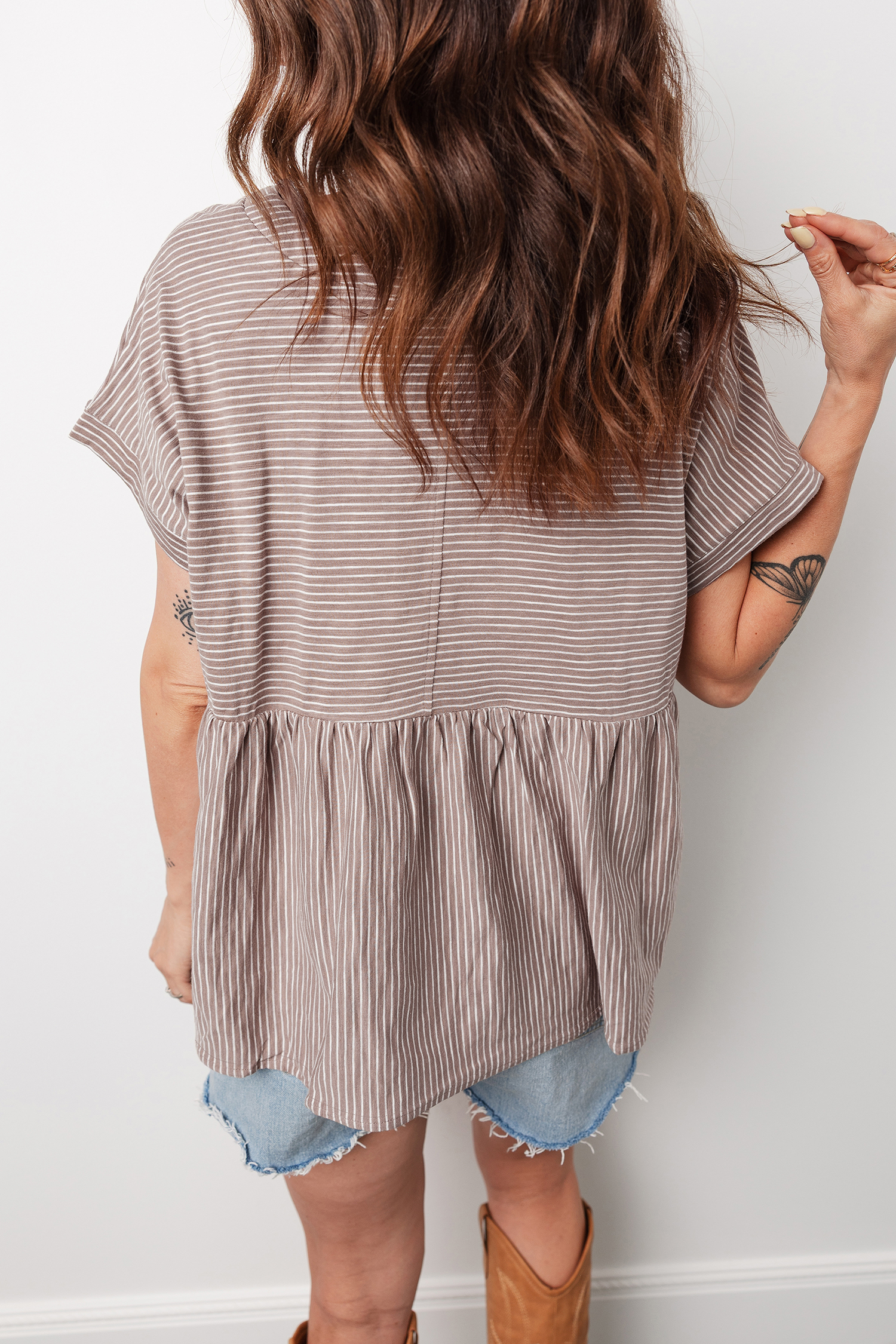 Khaki Stripe Buttoned V Neck High Low Side Slit T Shirt - loveforevers
