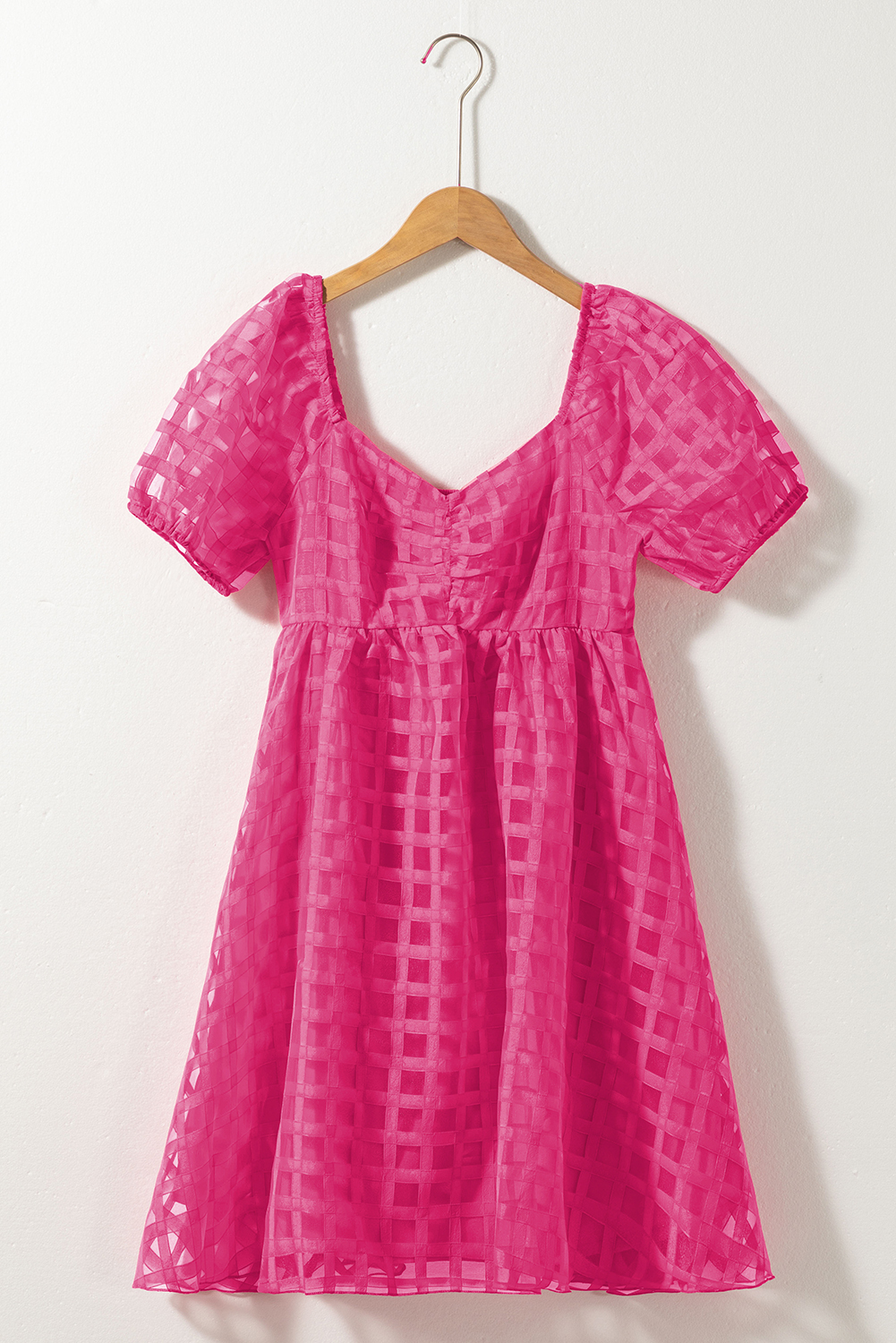 Strawberry Pink Checkered Puff Sleeve Babydoll Dress - loveforevers