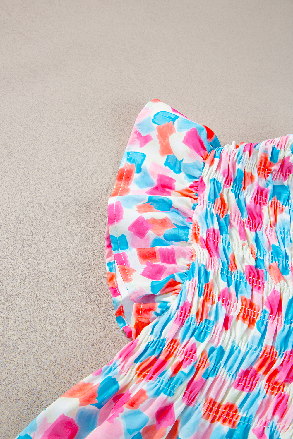 Sky Blue Shirred Yoke Ruffled Abstract Printed Blouse - loveforevers