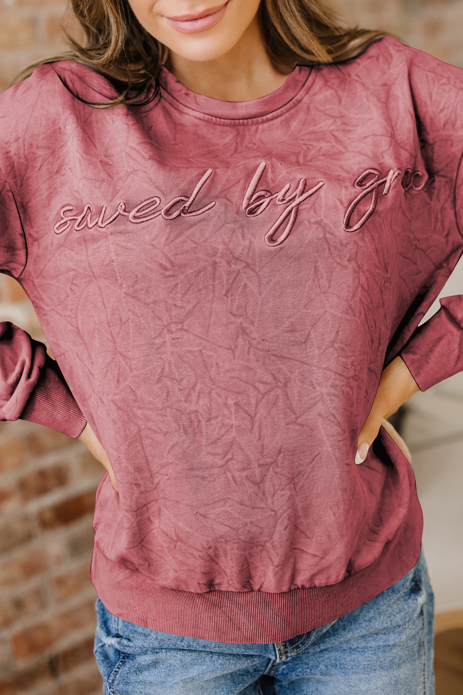 DUNE saved by grace Letter Embroidery Mineral Wash Loose Sweatshirt - loveforevers