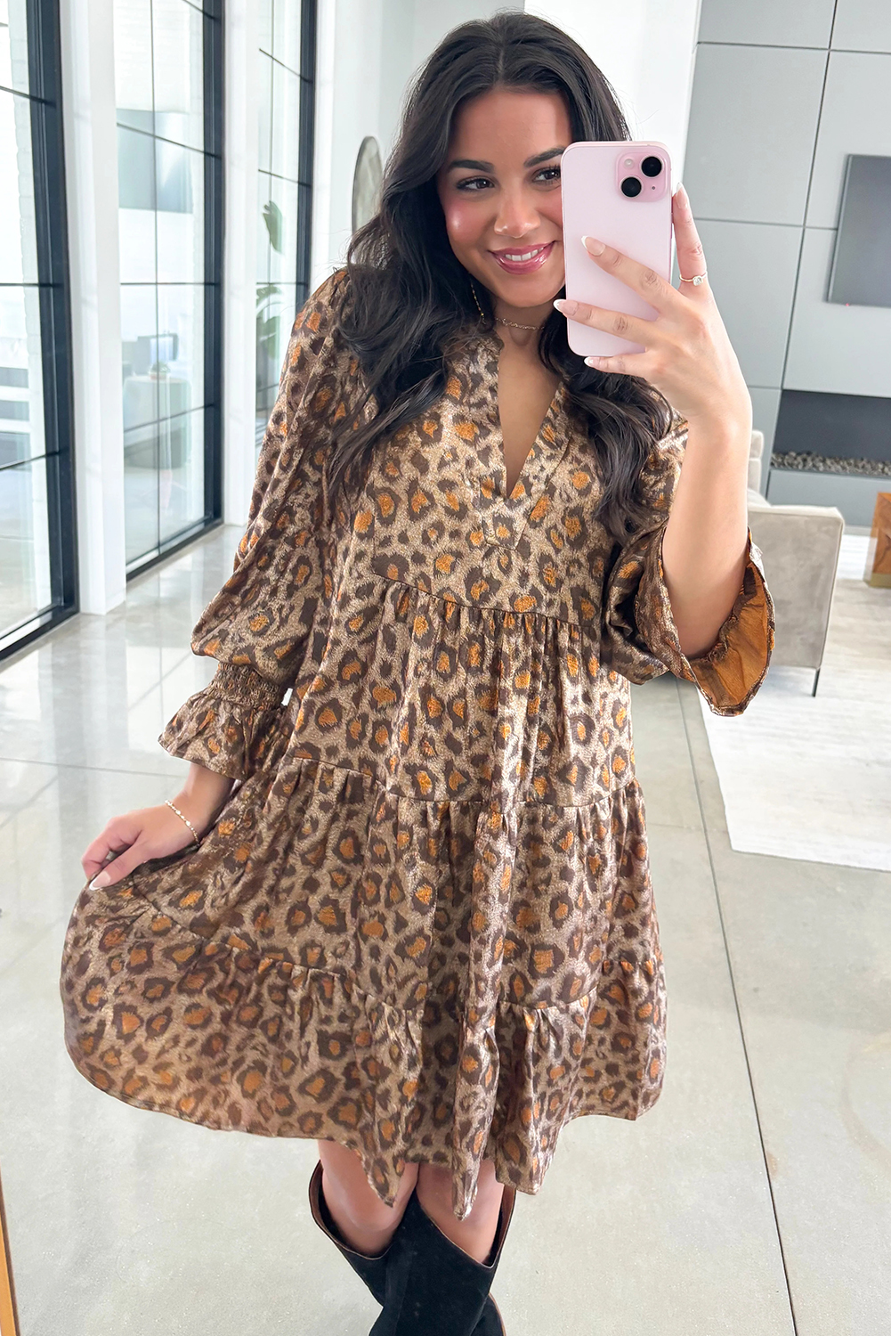Khaki Leopard Print V Neck Ruffled Sleeve Tiered Loose Mini Dress - loveforevers