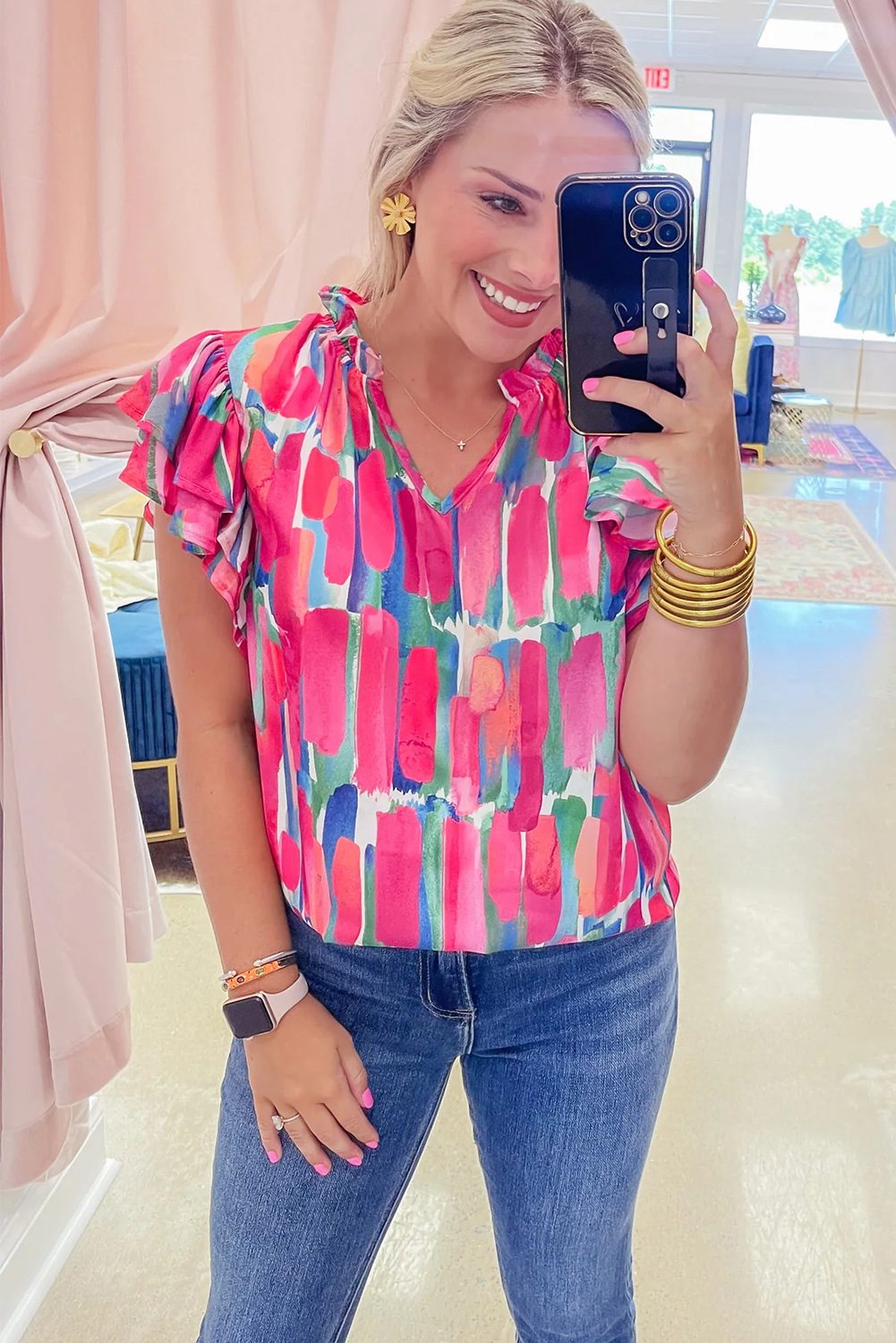Rose Abstract Brush Print Ruffled Sleeve Frill V Neck Blouse - loveforevers
