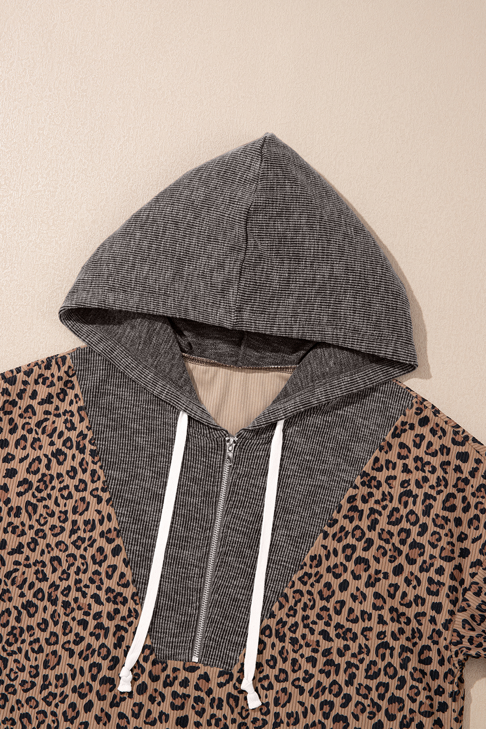 Khaki Ribbed Leopard Print Contrast Collar Zip Hooded Pullover Sweatshirt - loveforevers