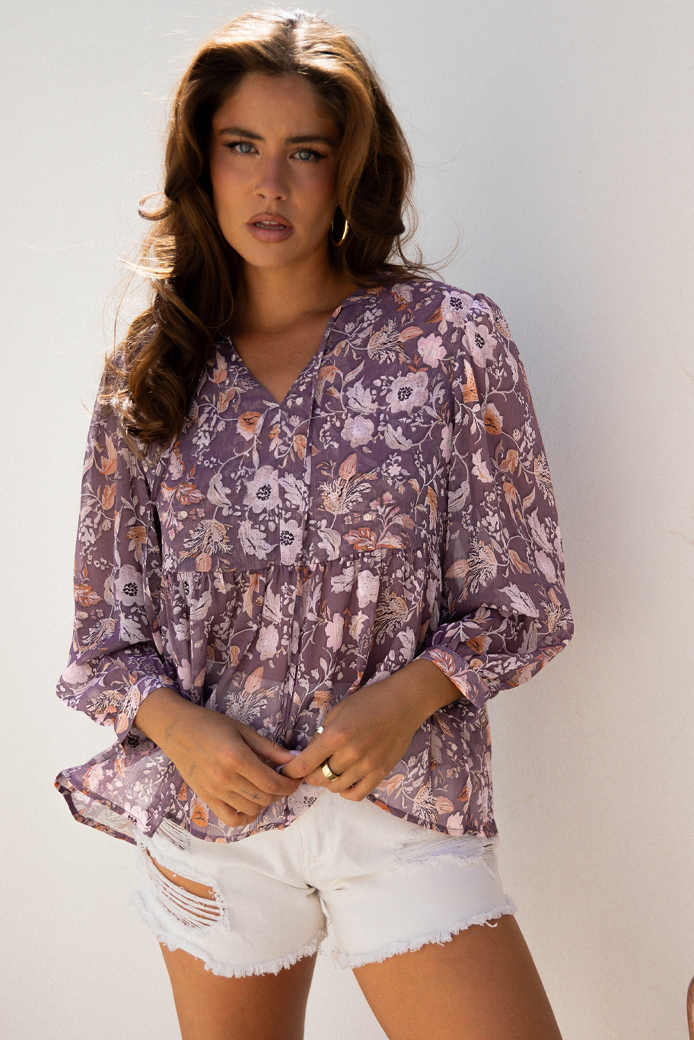 Blue Boho Flower Print 3/4 Sleeve Babydoll Blouse - loveforevers