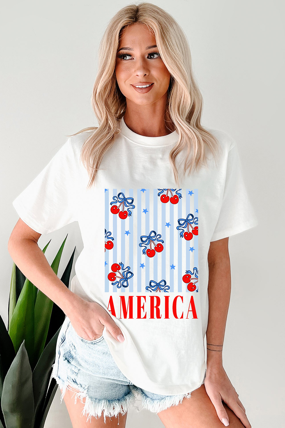 White Bow Cherry AMERICA Graphic Crewneck Patriotic T Shirt - loveforevers