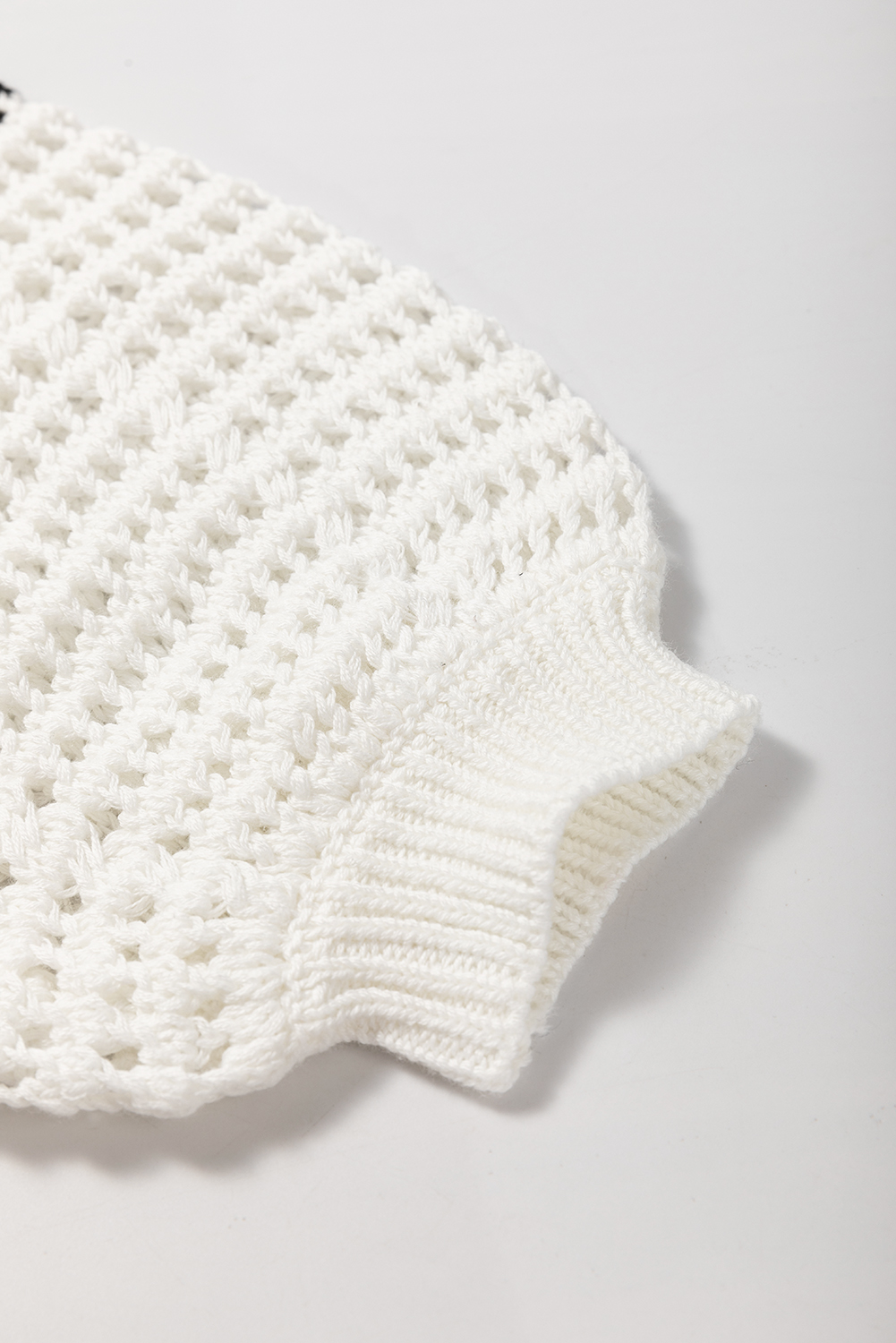 White Stripe Contrast Striped Crochet Puff Sleeve Sweater - loveforevers