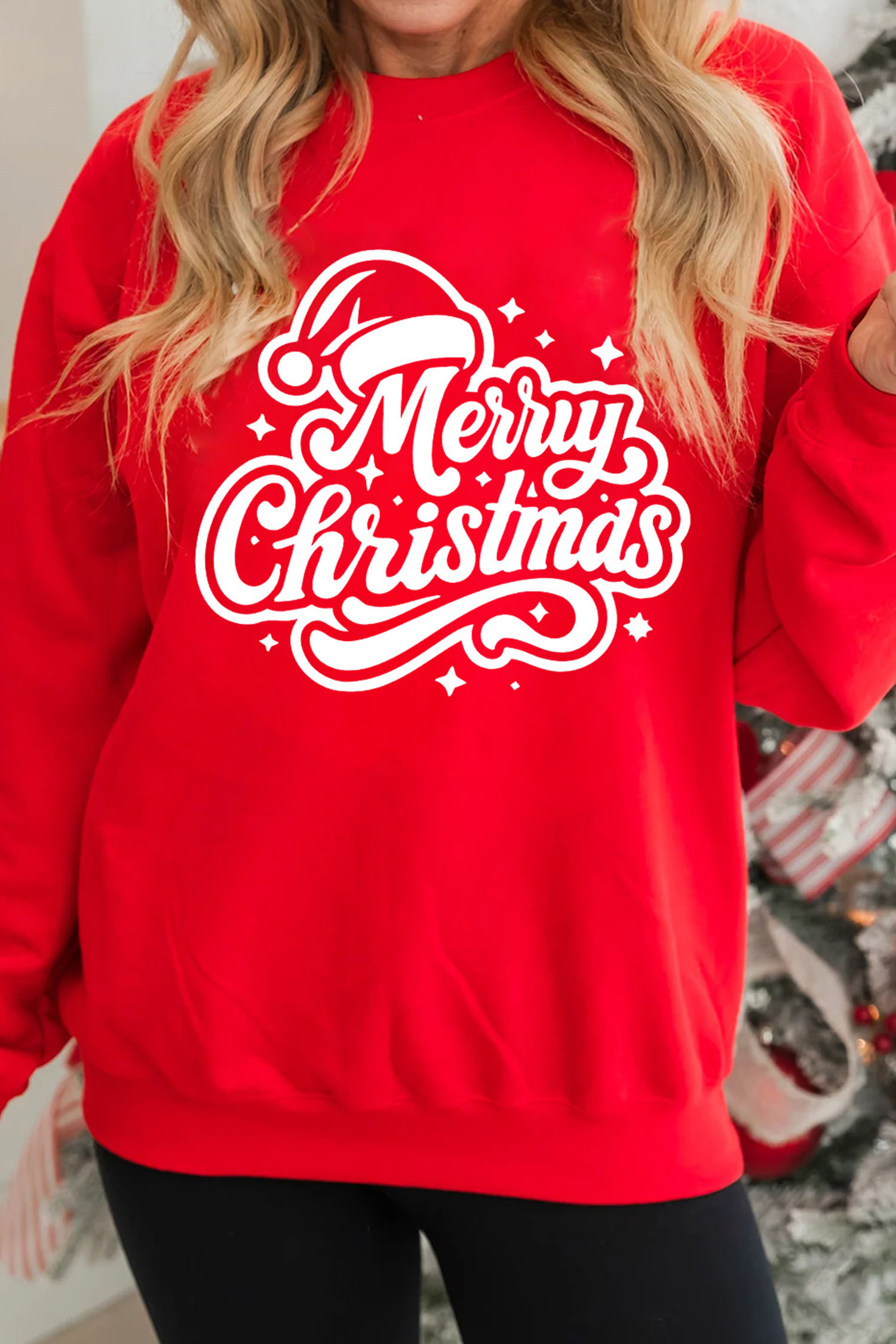 Red Merry Christmas Graphic Drop Shoulder Pullover Sweatshirt - loveforevers