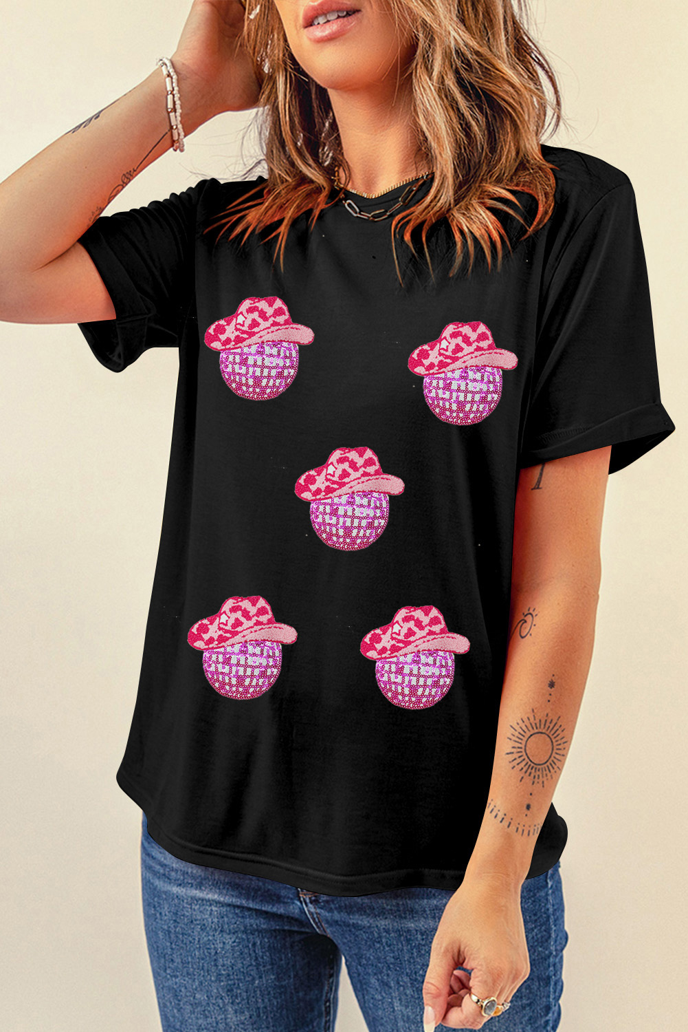 Black Cowboy Hat Disco Ball Patched Round Neck T Shirt - loveforevers