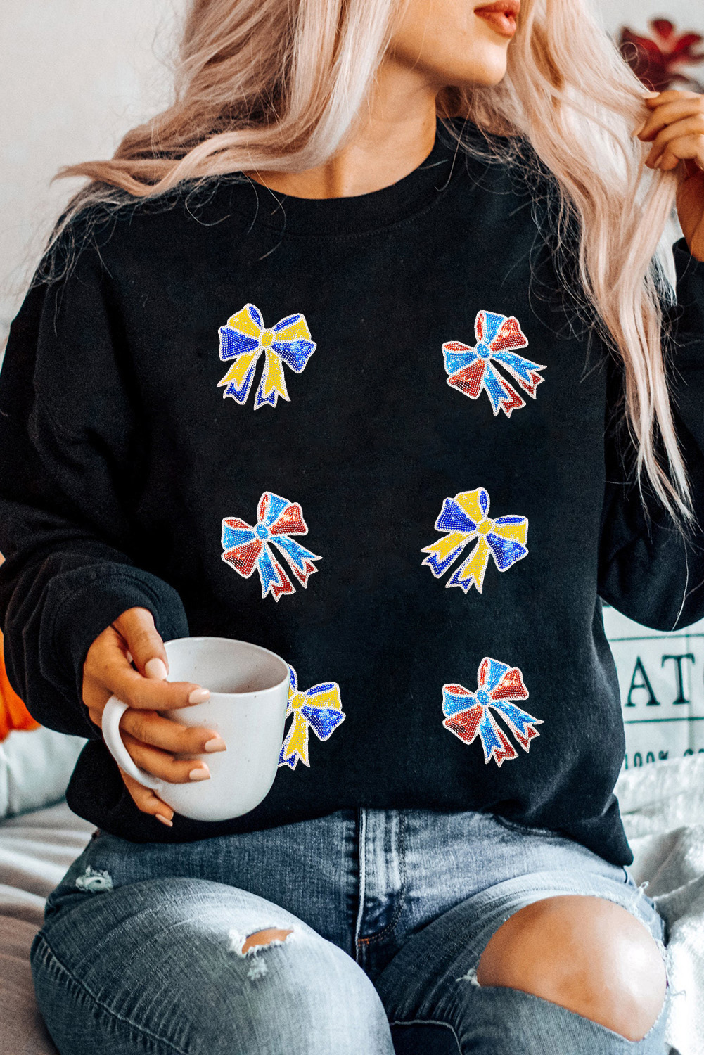Black Shimmering Bow Patched Pattern Game Day Sweatshirt - loveforevers