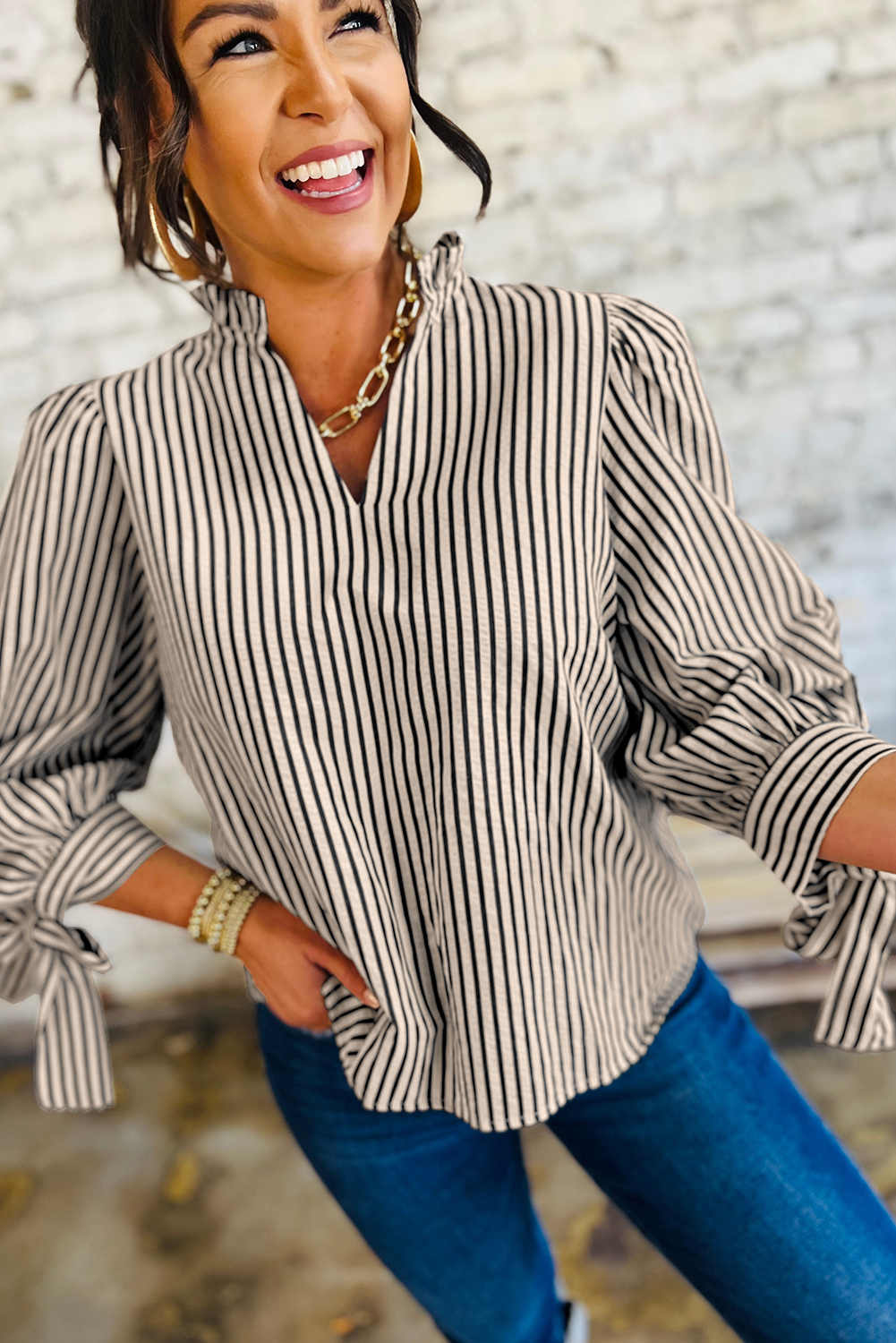 Black Stripe Knotted Cuff Long Sleeve V Neck Blouse - loveforevers