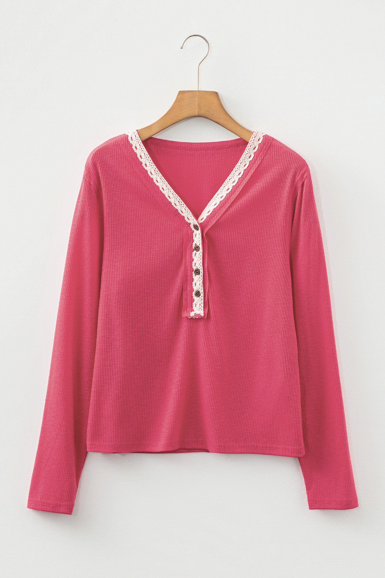 Racing Red Ribbed Texture Contrasted Lace Trim Button V Neck Long Sleeve Top - loveforevers