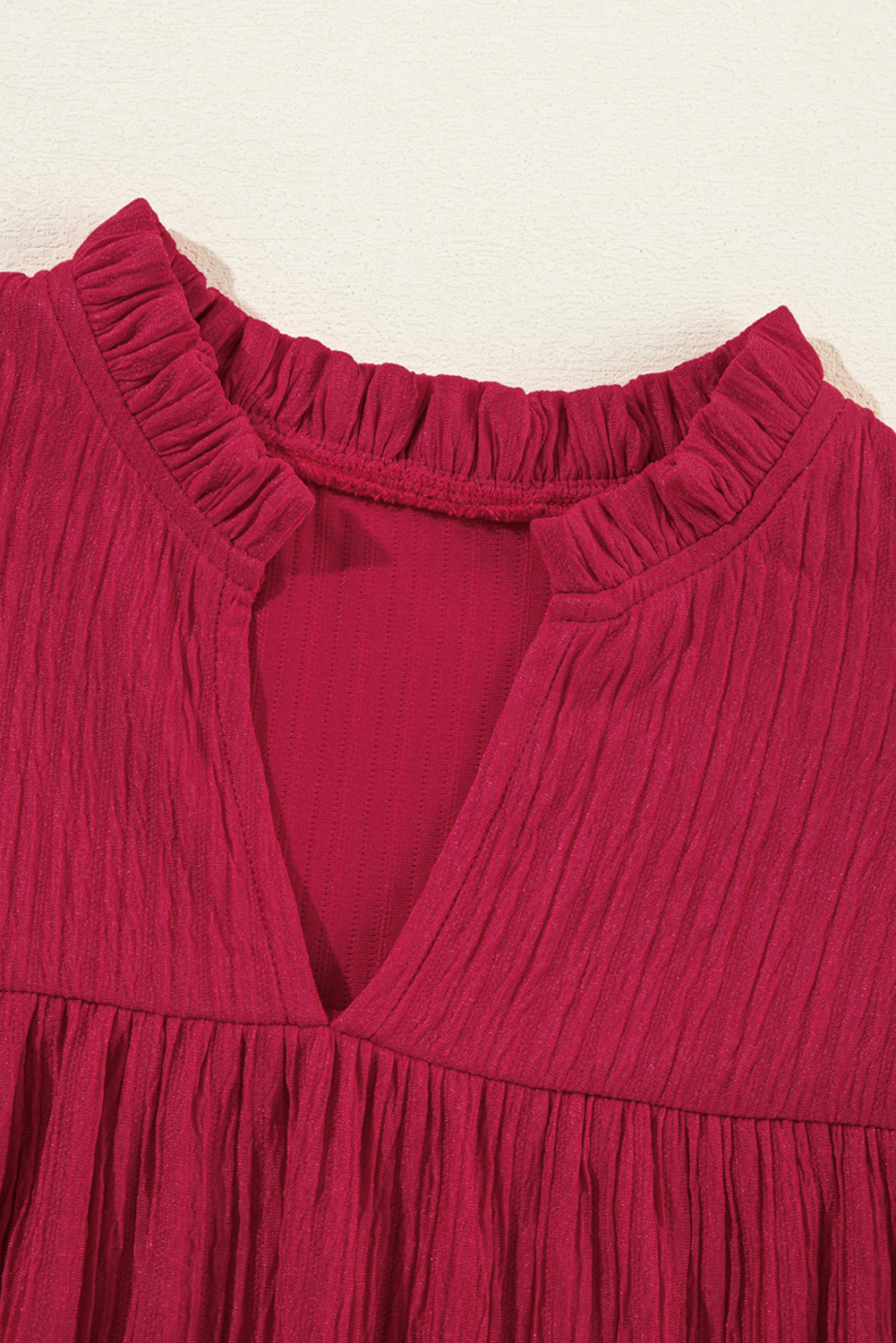 Fiery Red Textured Ruffled Trim V Neck Loose Fit Mini Dress - loveforevers