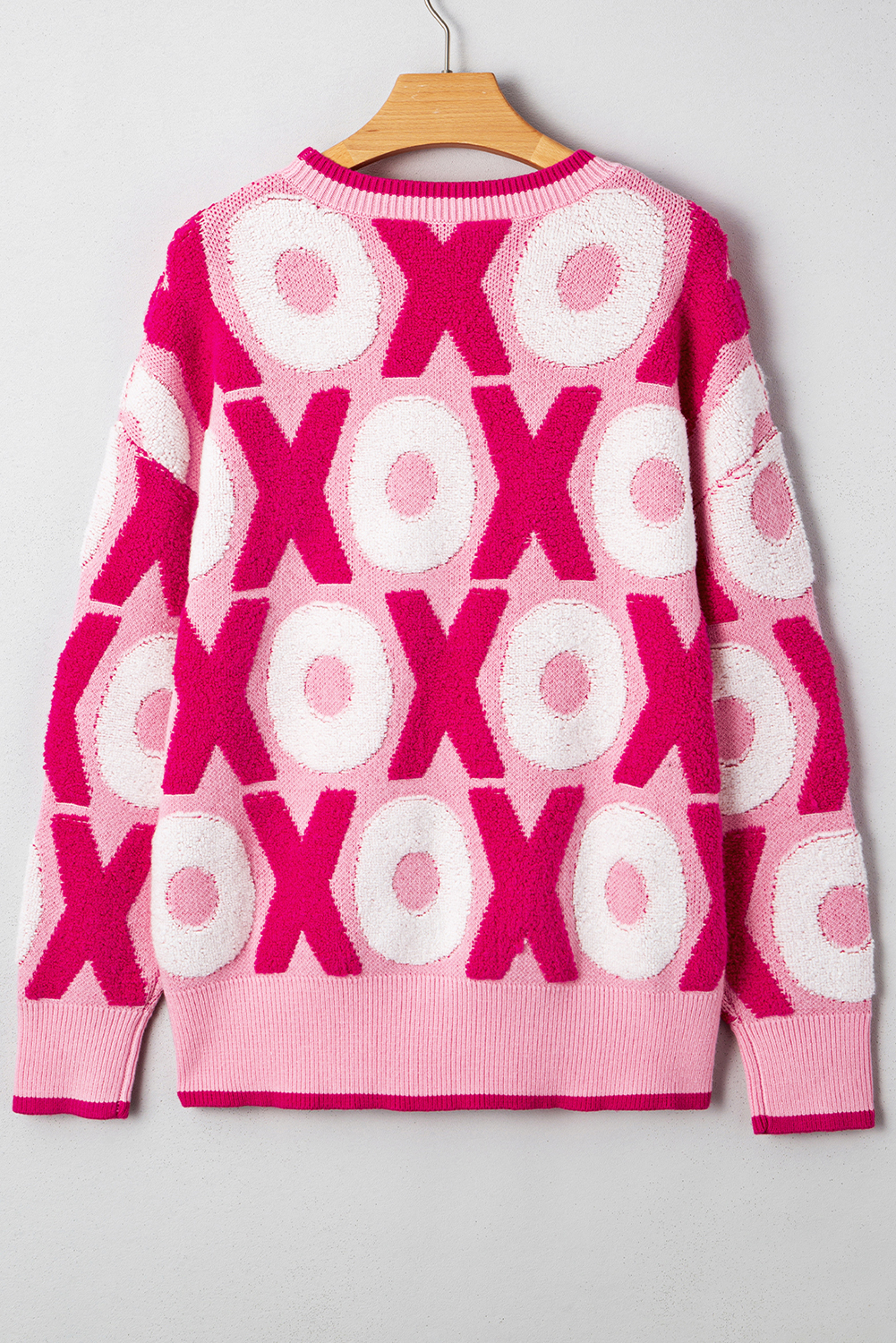 Pink XOXO Pattern Drop Shoulder Crewneck Valentines Sweater - loveforevers
