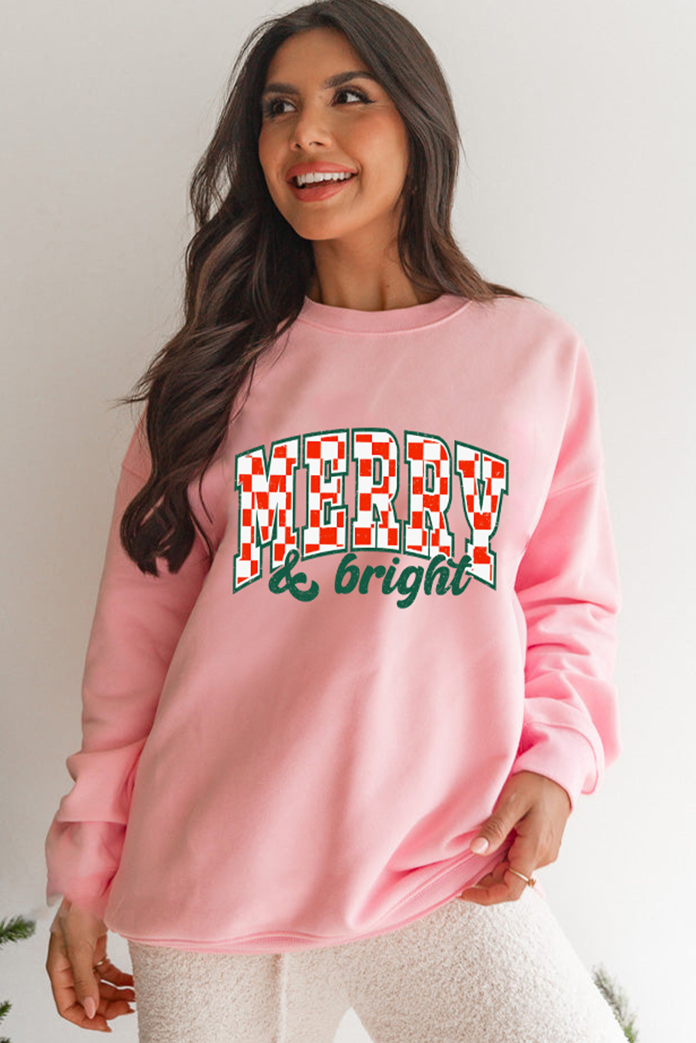 Pink MERRY & Bright Graphic Holiday Pullover Sweatshirt - loveforevers