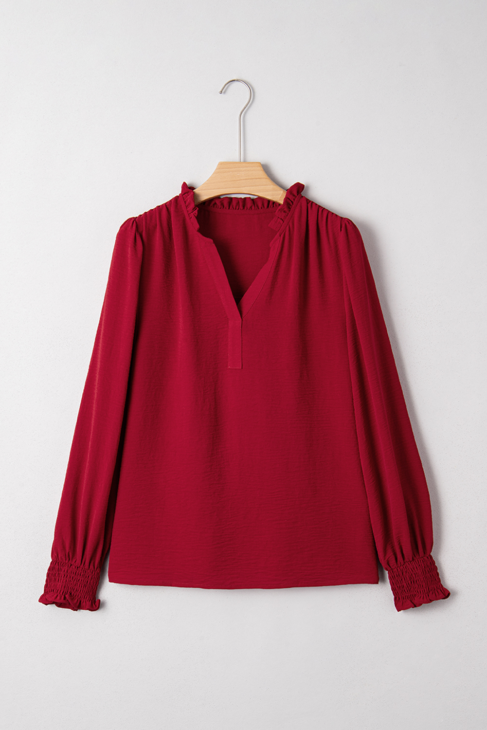 Burgundy Notched Neck Shirred Cuff Long Sleeve Blouse - loveforevers