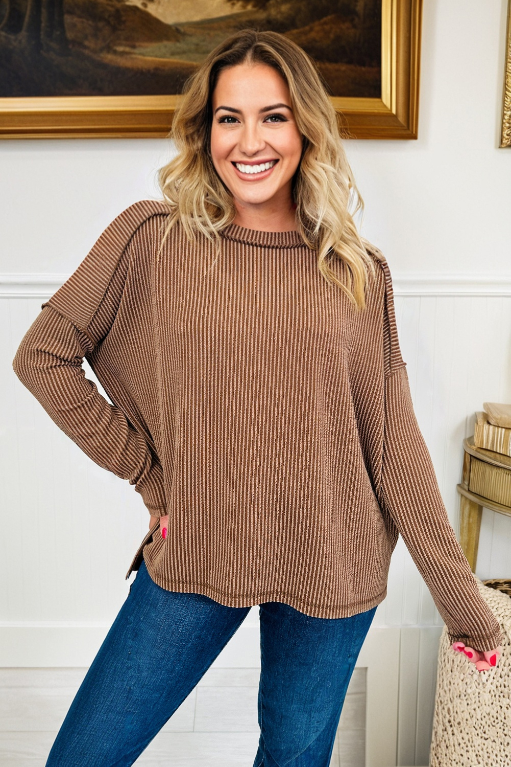 Dark Khaki Twist Ribbed Exposed Seam Detail Long Sleeve Loose Top - loveforevers