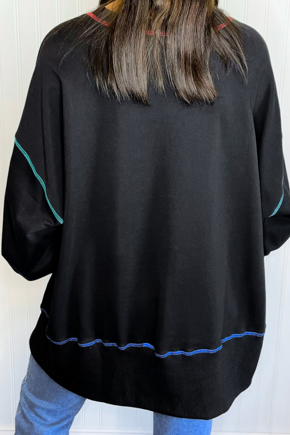 Black Sequin Joy Letter Graphic Contrast Seam Detail Drop Shoulder Sweatshirt - loveforevers
