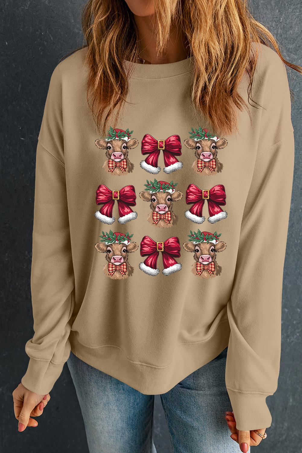 Khaki Christmas Heifer Bow Knot Print Womens Casual Sweatshirt - loveforevers