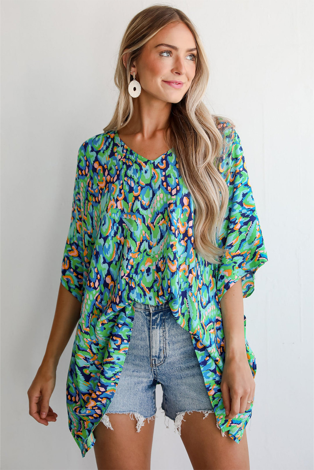 Pink Abstract Print V Neck Half Sleeve Loose Fit Tunic Blouse - loveforevers