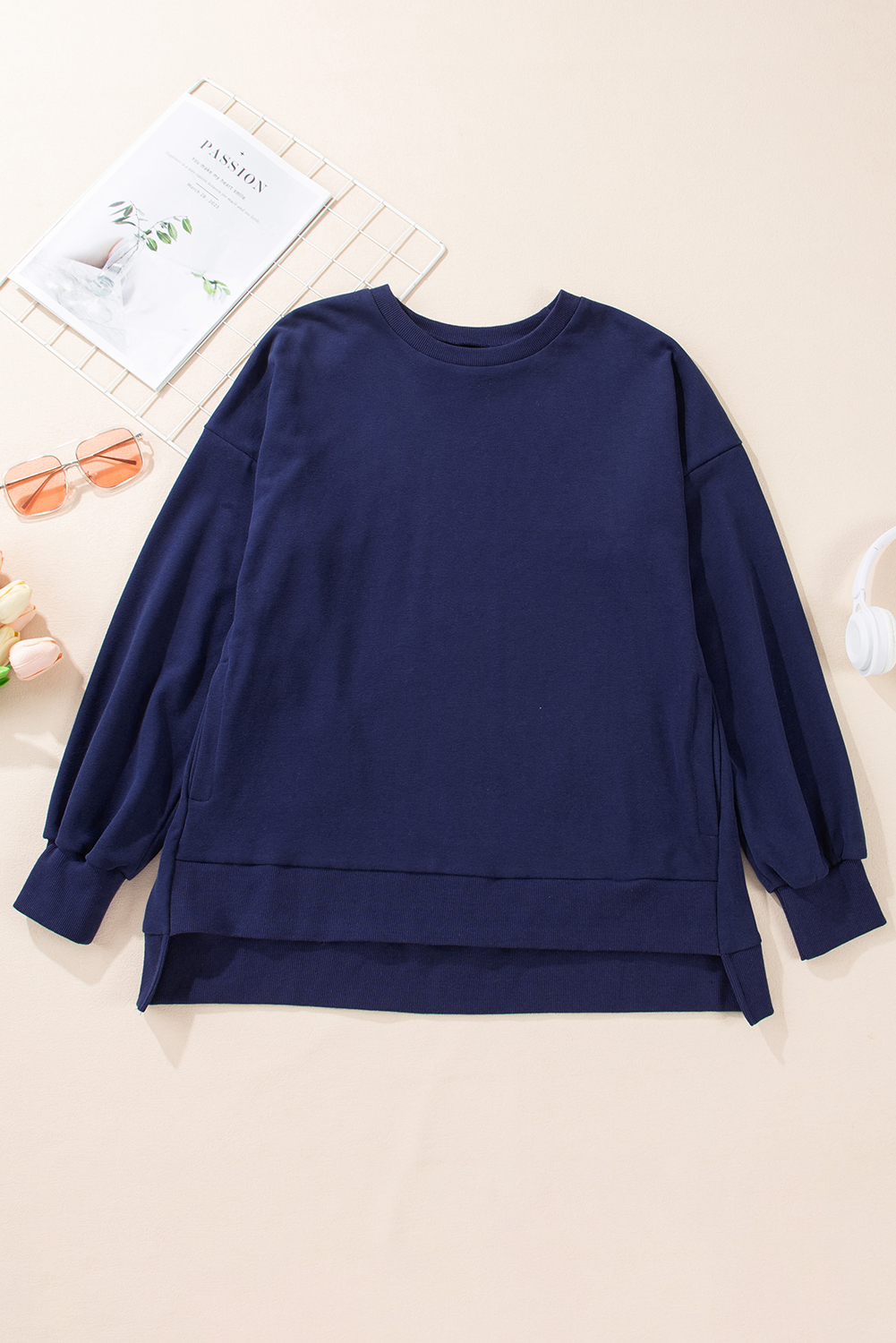 Navy Blue Solid O Neck High Low Hem Pullover Sweatshirt - loveforevers