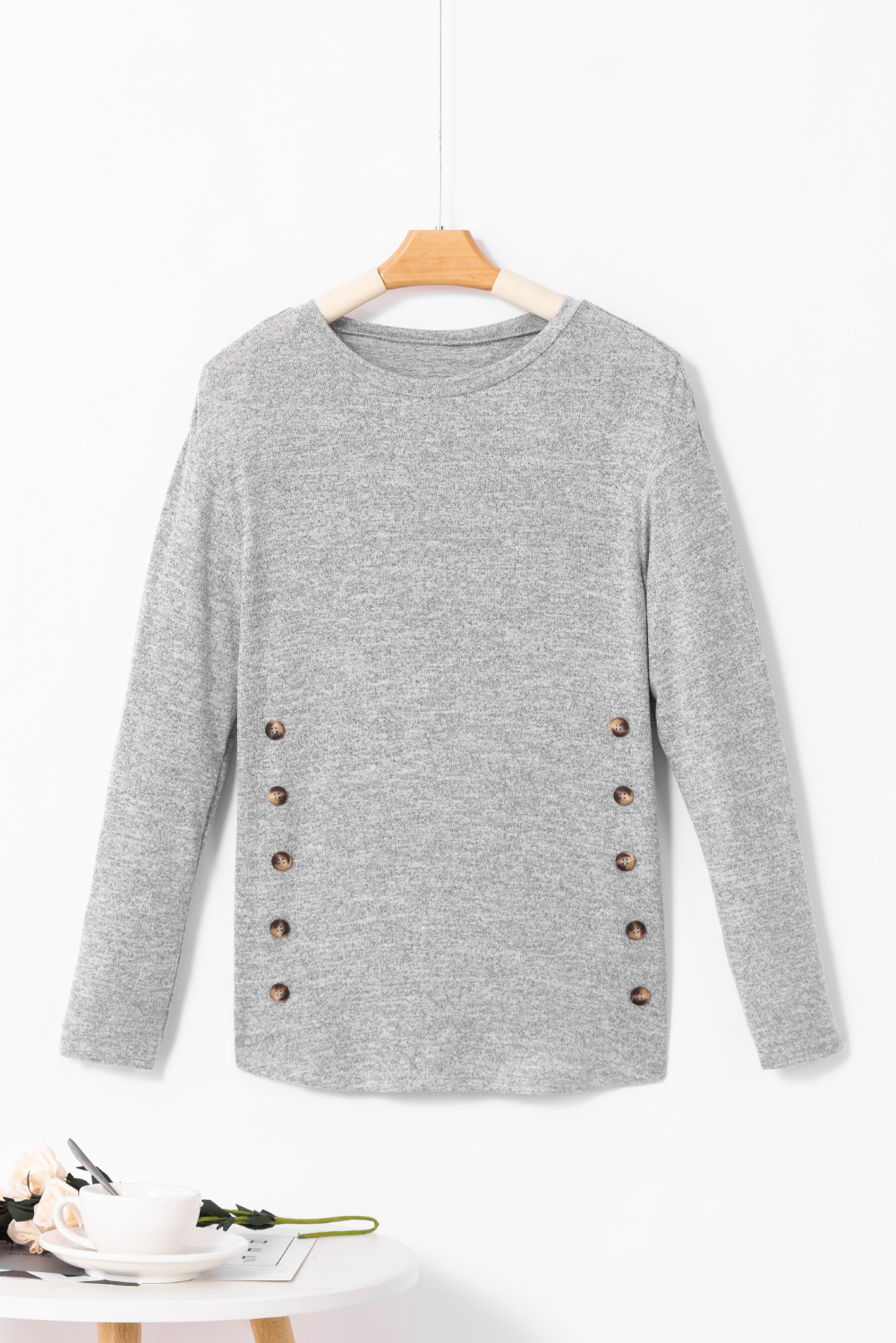 Gray Side Buttons Crew Neck Knit Top - loveforevers