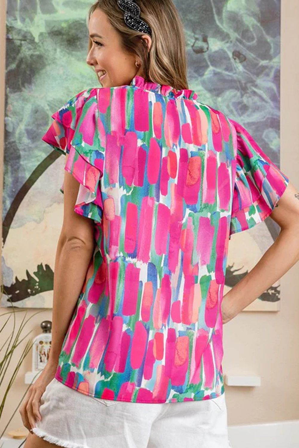 Rose Abstract Brush Print Ruffled Sleeve Frill V Neck Blouse - loveforevers