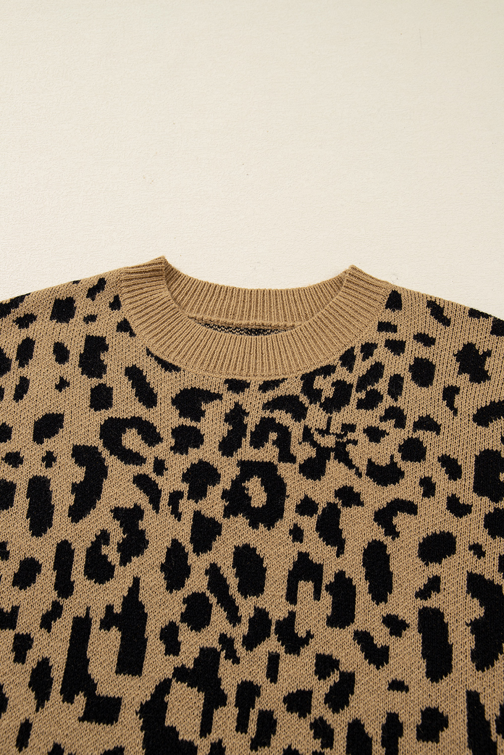 Light French Beige Ribbed Trim Round Neck Leopard Drop Shoulder Sweater - loveforevers
