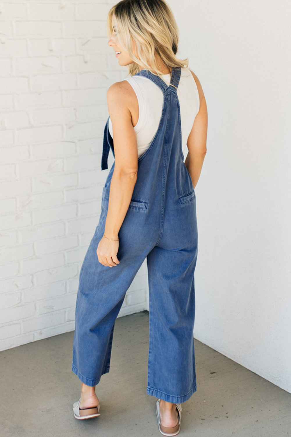 Prussian Blue Mineral Wash Knotted Strap Patched Pocket Wide Leg Denim Overall - loveforevers