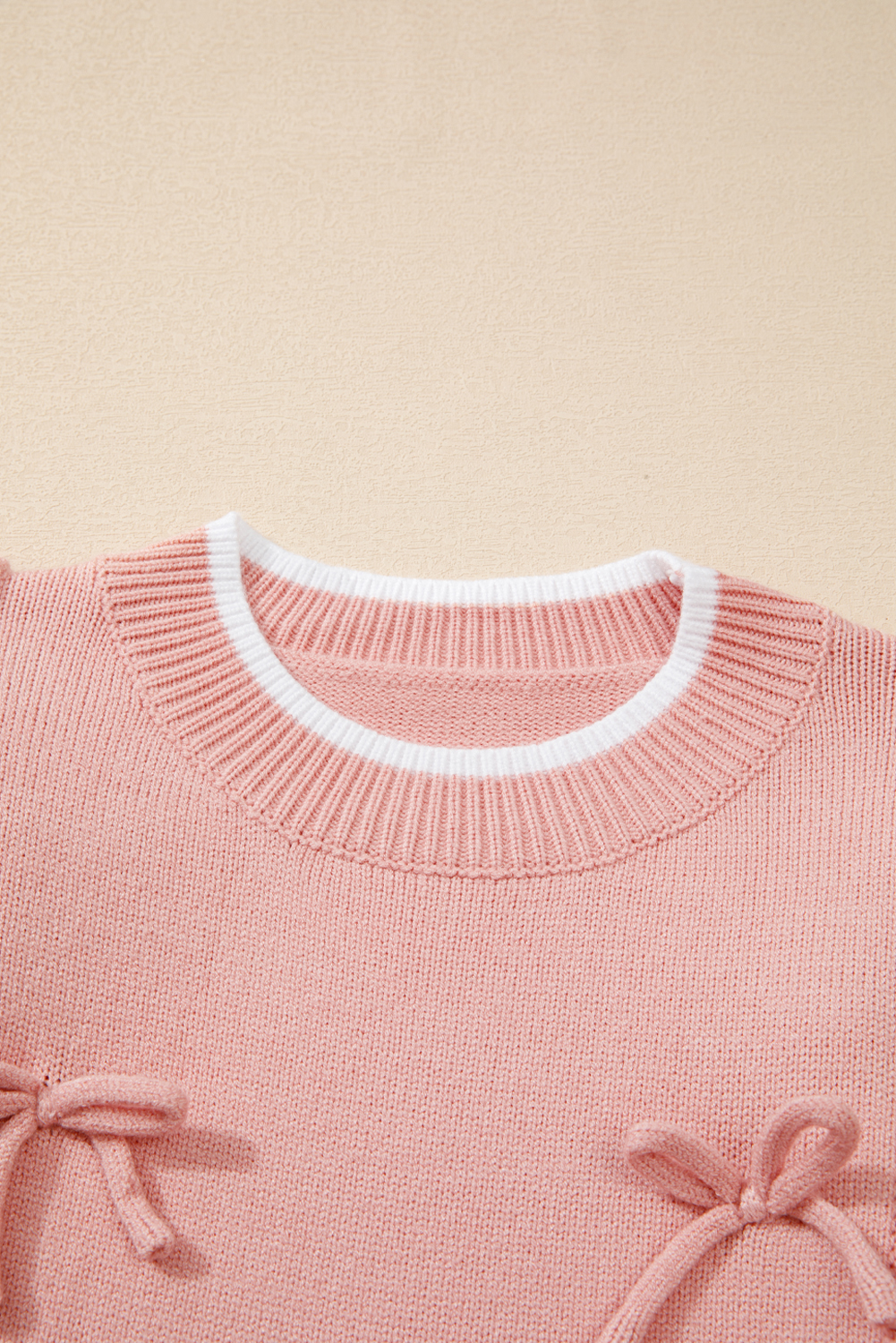 Light Pink Ruffled Bowknot Ribbed Trim Long Sleeve Sweater - loveforevers