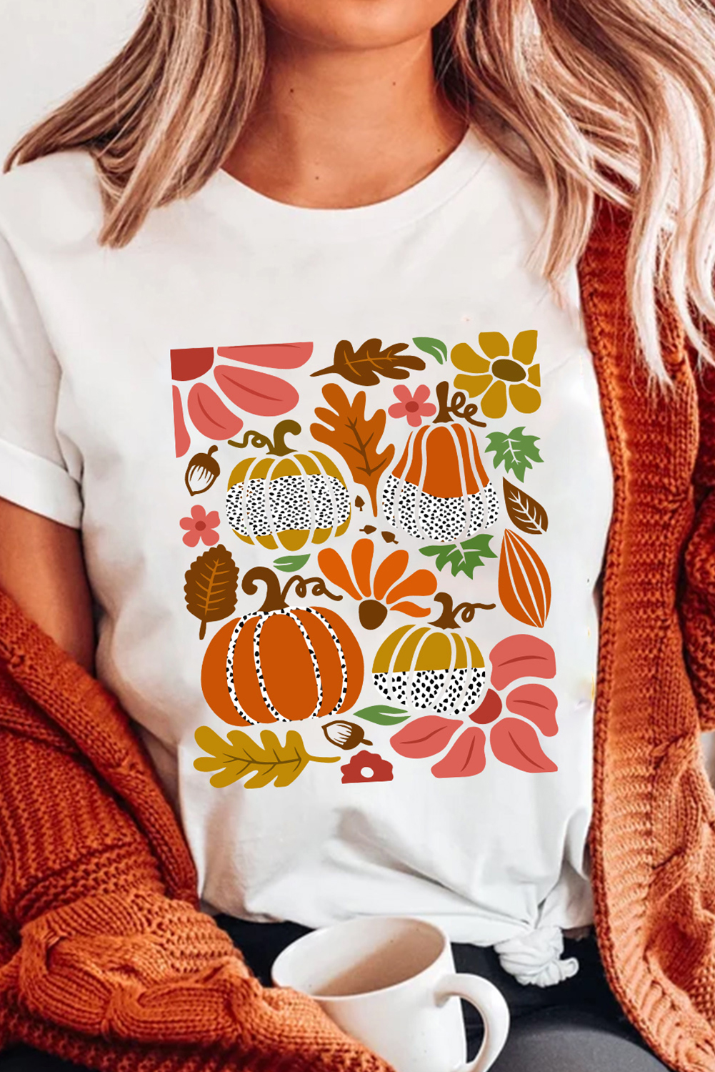 White Pumpkin Flower Print Fall Graphic Cotton Blend Tee - loveforevers