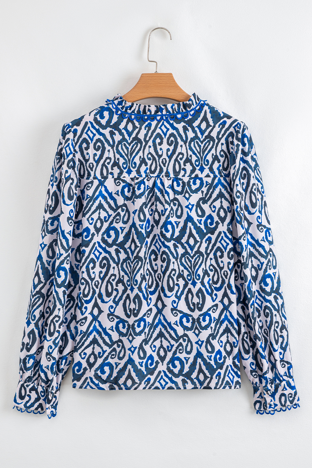 Blue Bohemian Print Embroidered V Neckline Detail Long Sleeve Shirt - loveforevers