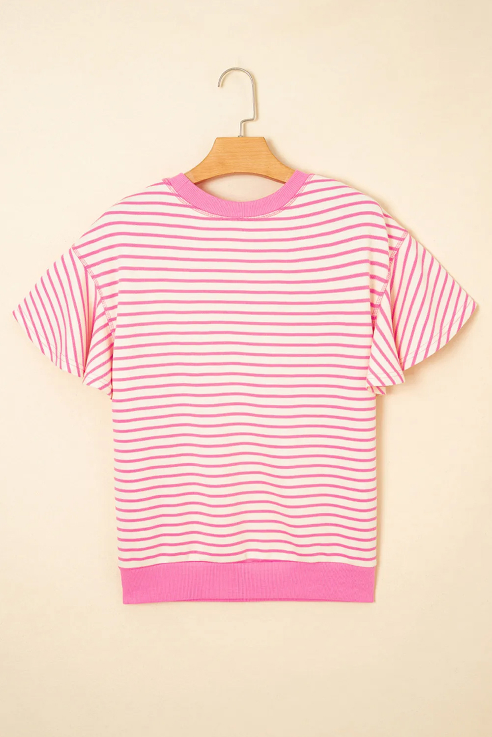 Sachet Pink Sequin Baseball Pattern Striped Ruffle Sleeve Round Neck Knit Top - loveforevers